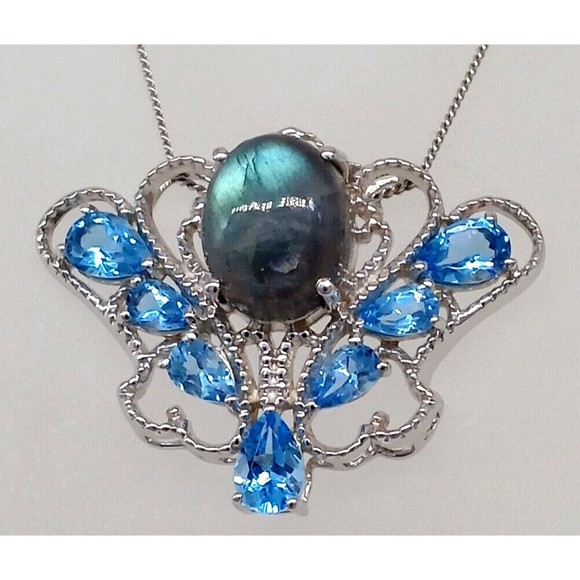 Chuck Clemency Blue Gemstone Topaz Pendant Necklace STS 925 Sterling Sparkly! - Picture 5 of 14